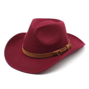 Detail of burgundy wool fedora with brown leather belt and decorative gold buckle