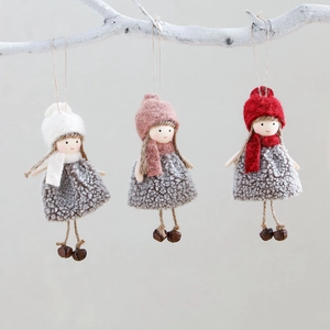 Christmas Angel Girl Hanging Ornaments Knitted Wool Lamb Fleece Fabric With Metal Bells Handmade Holiday Tree Decor Cute