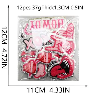 Set of 12 pink glittery embroidered patches with heart and lip motifs for clothing