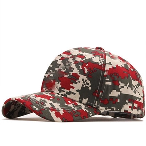 Detail view of the digital camouflage baseball cap with red and grey geometric patterns