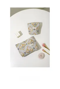 Macro detail of vintage jacquard makeup bags with floral patterns and woven labels