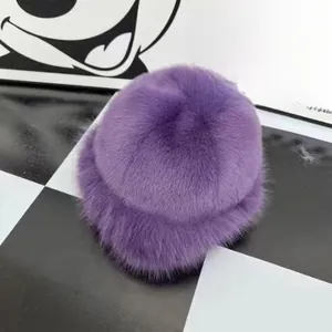 Detail shot of fluffy purple faux fur winter hat showcasing its soft and premium texture