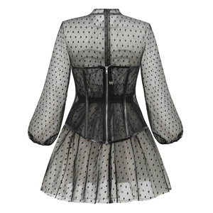 Detail view of the black mesh dress back showing a metal zipper and corset waist design