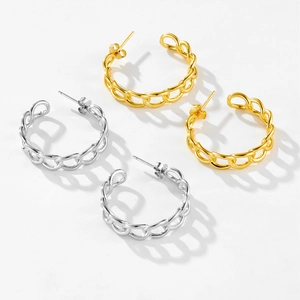 Detailed view of silver and gold S925 sterling silver chain link hoop earrings in C-shape