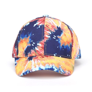 Close-up of vibrant multi-color tie-dye stitching and texture on a baseball cap brim