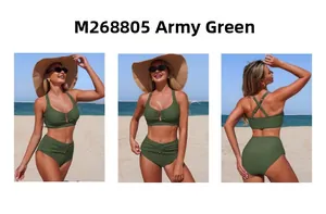 Detailed views of army green high-waisted bikini with metal buckle and halter neck top