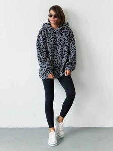 Oversized leopard print grey fleece hoodie for women with black leggings and sneakers