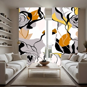 Modern abstract floral window curtains featuring bold black and ginger patterns in a set of two