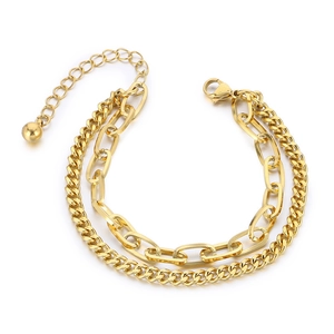 Double-layered gold chain bracelet with chunky Cuban links and paperclip chain design
