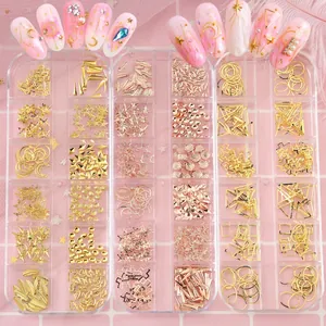 Nail art decoration set with gold studs and pearls in a 12-grid organizer box