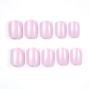 Detail of 10-piece short square press-on nails with pink pearlescent French design