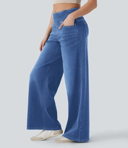 Damen Jeans mit hoher Taille und weitem Bein aus blauem Premium-Denim-Stoff
