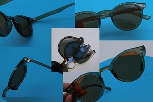Detailansicht der runden Vintage-Sonnenbrille mit verschiedenen Gläsern und Gestellfarben