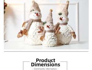 Three plush Christmas snowmen in various sizes with golden twig patterns and knit hats