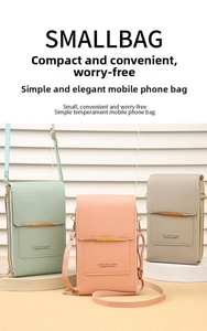 Detailed view of women's PU leather crossbody phone bags in pastel mint, pink, and grey