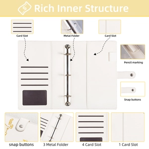 White PU leather 52 week savings challenge binder with 6-ring binder and card slots