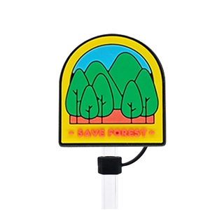 Reusable silicone straw topper with Save Forest eco-friendly tree design and yellow background