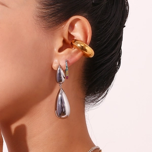 Polished teardrop earrings and gold ear cuffs set in 18K gold plated stainless steel
