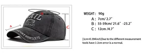 Detailed size chart for washed cotton baseball cap with VAIL embroidery and dimensions