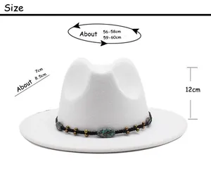 Size guide for white wool felt fedora hat showing crown height and brim width