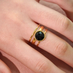 Three-piece 14k gold-plated stainless steel open rings set featuring a black natural stone