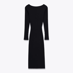 Slim fit black ribbed knit midi dress with elegant off-shoulder neck and buttoned cuffs