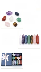 Detailed comparison of natural crystal healing stone sets including pillars and raw stones