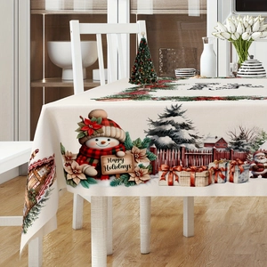 Detailed Christmas tablecloth pattern with snowmen, trees and Happy Holidays print