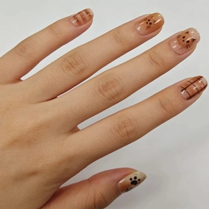 Resin Glossy Press On Nails Cartoon Cat Heart Claw Design Cute Kawaii Nude Brown Plaid