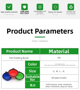 Detailed size chart and specifications for foldable TPE silicone pet bowls in multiple sizes