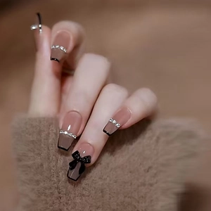 Press On Nails Long Coffin Shape With 3D Bows And Rhinestones French Tip Nude Black Glossy False Nails For Women
