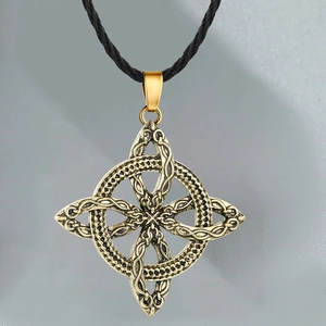 Celtic knot pendant necklace for men in bronze finish with a black rope chain