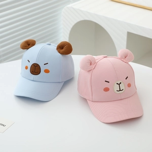 Kids capybara baseball caps in pink and blue with 3D ears and cute cartoon embroidery