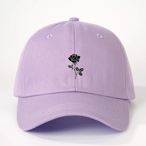 Lavender cotton baseball cap with black rose print, classic outdoor sun protection hat