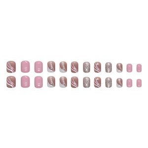 Sweet pink and white striped press-on nails with silver glitter in short round shape