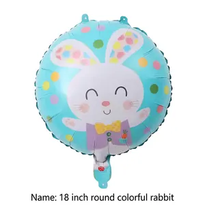 Close-up of 18-inch round blue Easter balloon featuring a cute cartoon rabbit and dots