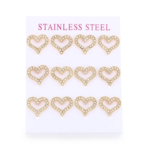Set of 12 pairs of golden stainless steel heart stud earrings with sparkling crystals