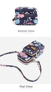 Detail of floral nylon crossbody bag with three zipper compartments and adjustable strap