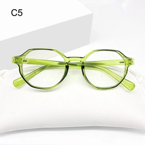 Irregular candy colored anti blue light glasses in light green with a soft pouch