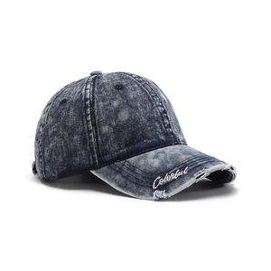 Vintage navy washed denim baseball cap with white Colorful embroidery and distressed details