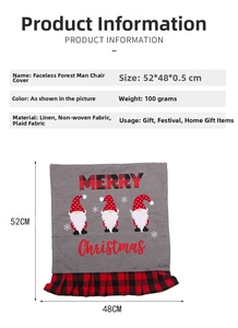 Detail showing dimensions of gnome chair cover with Merry Christmas text and plaid hem