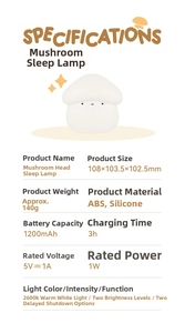 Detailed specifications of mushroom night light showing 1200mAh battery and dimming data