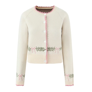 Women Round Neck Knitted Cardigan Sweater Scalloped Trim Bow Embroidery Long Sleeve Button Down Casual Chic Knitwear