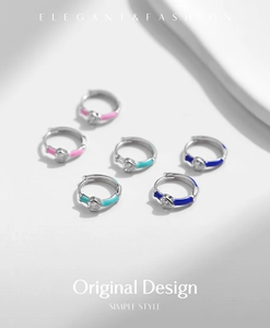 Detailed view of S925 sterling silver hoop earrings with colorful enamel hearts and diamonds