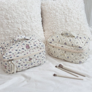 Detailed view of quilted cotton makeup bags with floral and teddy bear patterns