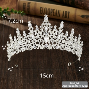 Detail view of crystal bridal crown with measurements of 7.2cm height and 15cm diameter