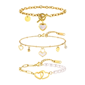 Gold-plated stainless steel chain bracelets with shell heart pendants and pearl accents