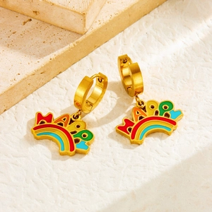Golden rainbow crown earrings with multi-color enamel and Happy lettering detail