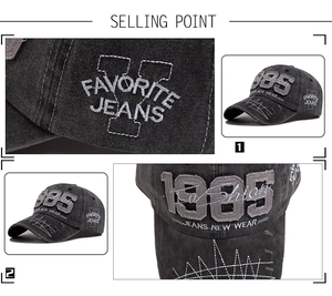 Macro view of detailed 1985 embroidery and distressed edges on washed cotton baseball cap