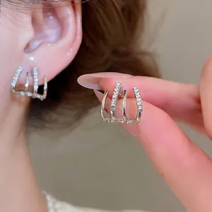 Sparkling double-layer C-shape silver earrings with zircon pavé setting for women